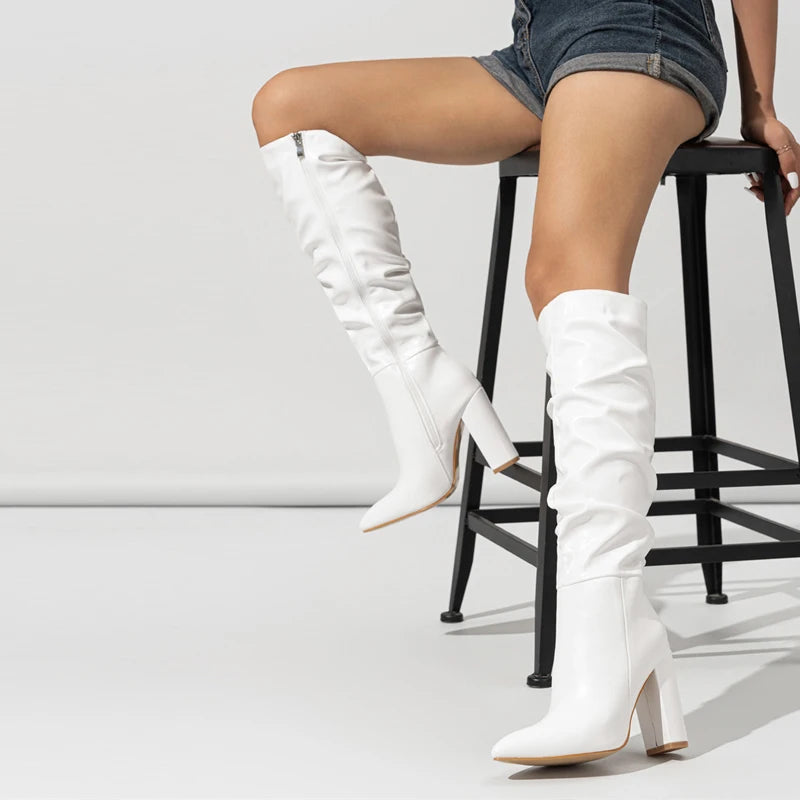 Bottes hautes en cuir plissées roses pour femmes avec talons à bout pointu 