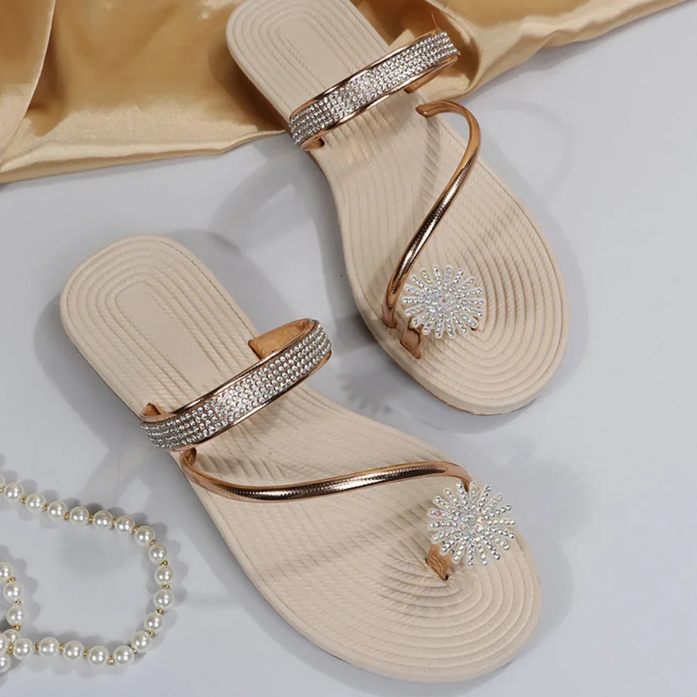 Women's Rhinestone Flat Slippers Sandals in Silver and Gold Colors