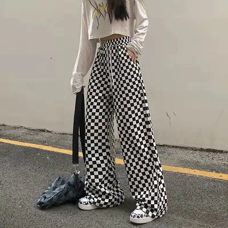 Women's Black White Plaid Elastic Waist Summer Casual Pants