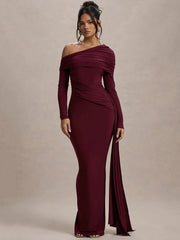 Skew Collar Long Sleeve Backless Draped Ruched Bodycon Maxi Dress