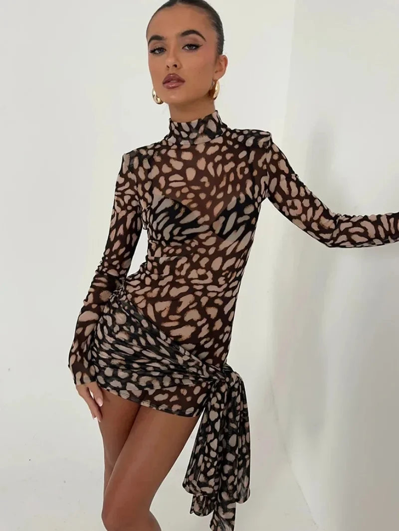 Women's Leopard Print See-Through Mesh Turtleneck Dress