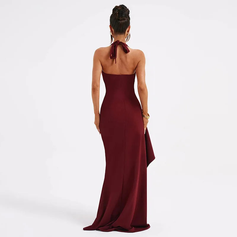 Halter V Neck Split Maxi Dress In Burgundy