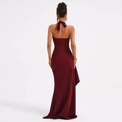 Halter V Neck Split Maxi Dress In Burgundy