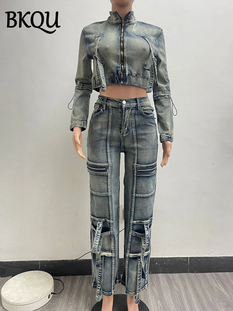 Women's Cargo Denim Two Piece Set with Zipper Jacket and Straight Jeans