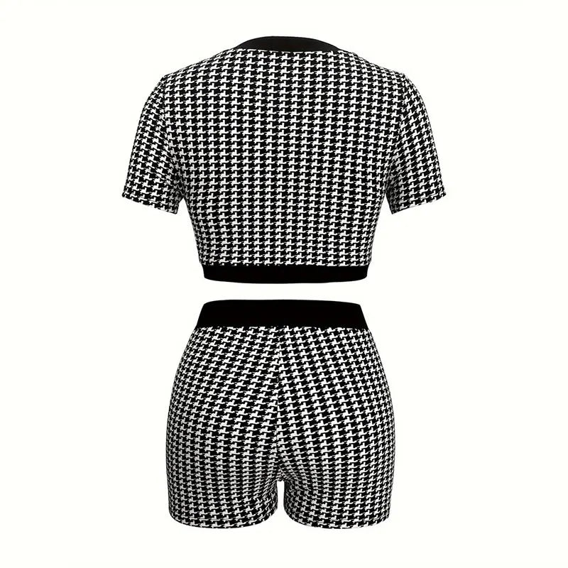 Women's Vintage Pleated Houndstooth 2 Piece Set Blouse and Shorts