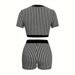 Ensemble chemisier et short plissé vintage pied-de-poule pour femme, 2 pièces