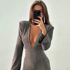 Deep V Neck Backless Long Sleeve Shiny Slim Flare Jumpsuit for Women