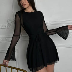 Black Mini Dress with Sheer Sleeves and Open Back Design