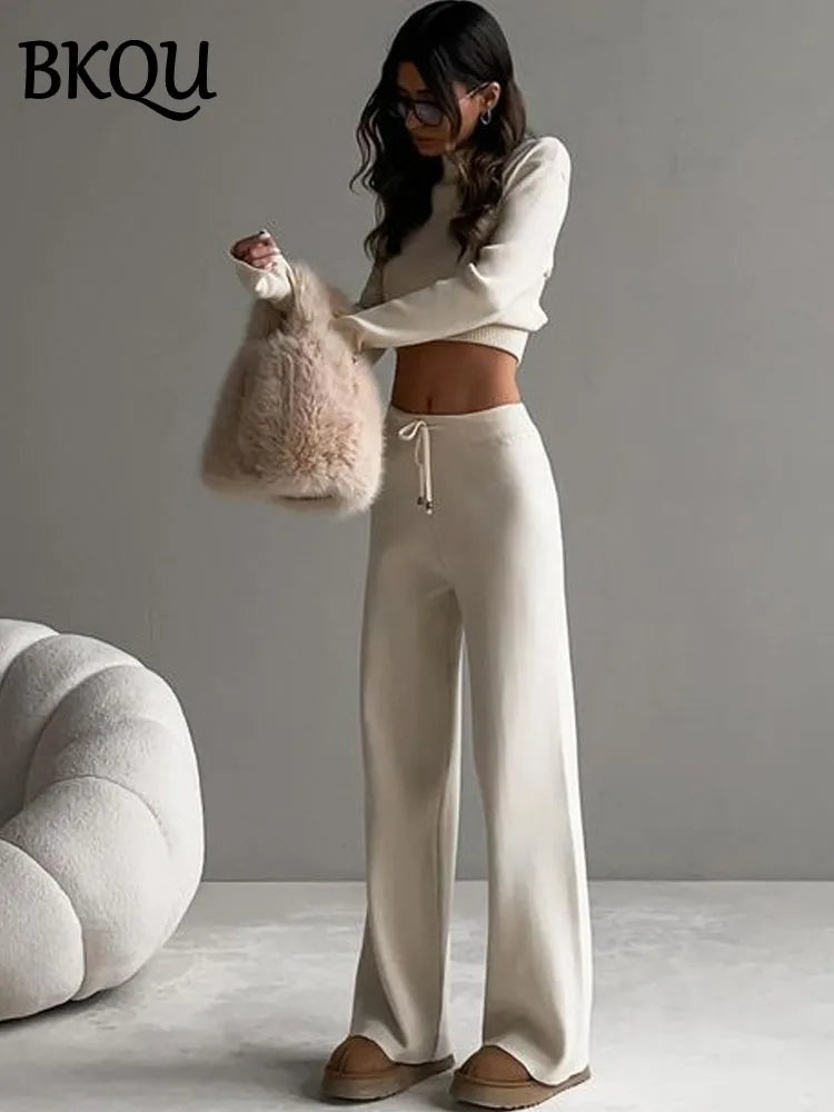 Women's Turtleneck Long Sleeve Knitted Sweater and Wide Leg Pants Set