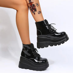 Women's High Top Thick Sole Winter Lace Up Ankle Boots in Bright Black