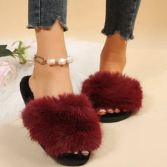 Women's Fluffy Plush Fur Slippers for Outdoor Use, Anti-Slip Design