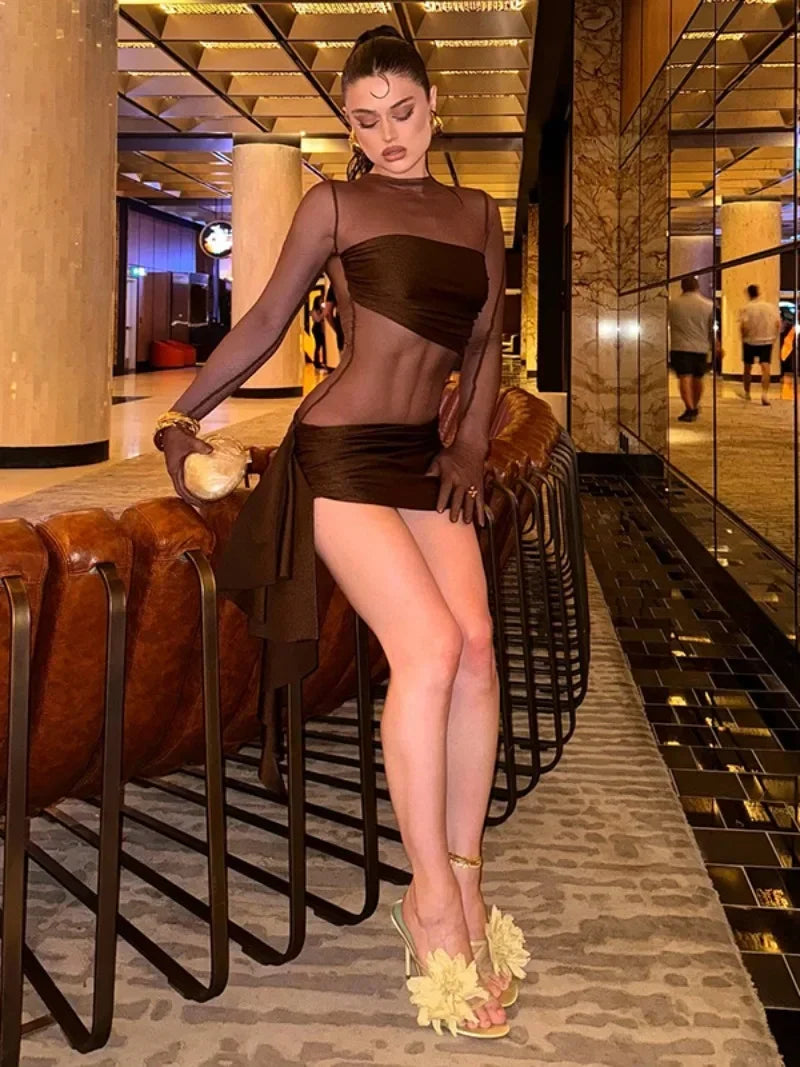 Women's Mesh Patchwork Bandage Long Sleeve Club Dress with Gloves