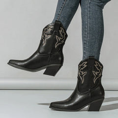 Bottines de cowboy style western pour femme, cuir brodé, noir et marron 