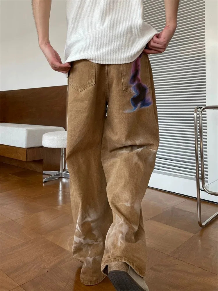 Men's Light Brown Baggy Jeans – Distressed Splash Ink Wide-Leg Denim