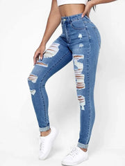 Ripped Holes Casual Skinny Jeans with Slash Pockets and Distressed Style