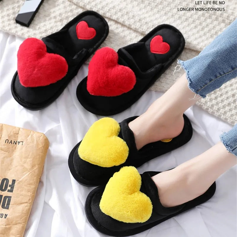 Women's Plush Heart Pattern Non-Slip Warm Home Slippers for Winter