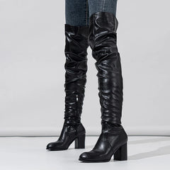 High Quality Soft Cozy Pleated Leather Women Over The Knee Boots