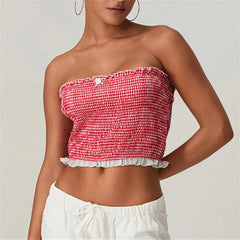 Women's Grunge Smocked Tube Top with Bow Lace Trim and Backless Design