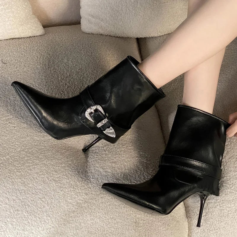 Crystal Belt Buckle Pointed Toe Black Ankle Boots for Women