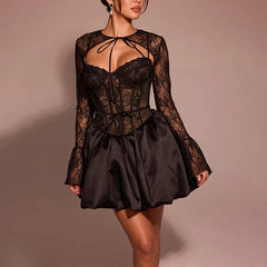 Elegant Black Lace Dress with Satin Skirt