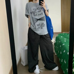 Women's Casual Striped High Waist Wide Leg Patchwork Pants