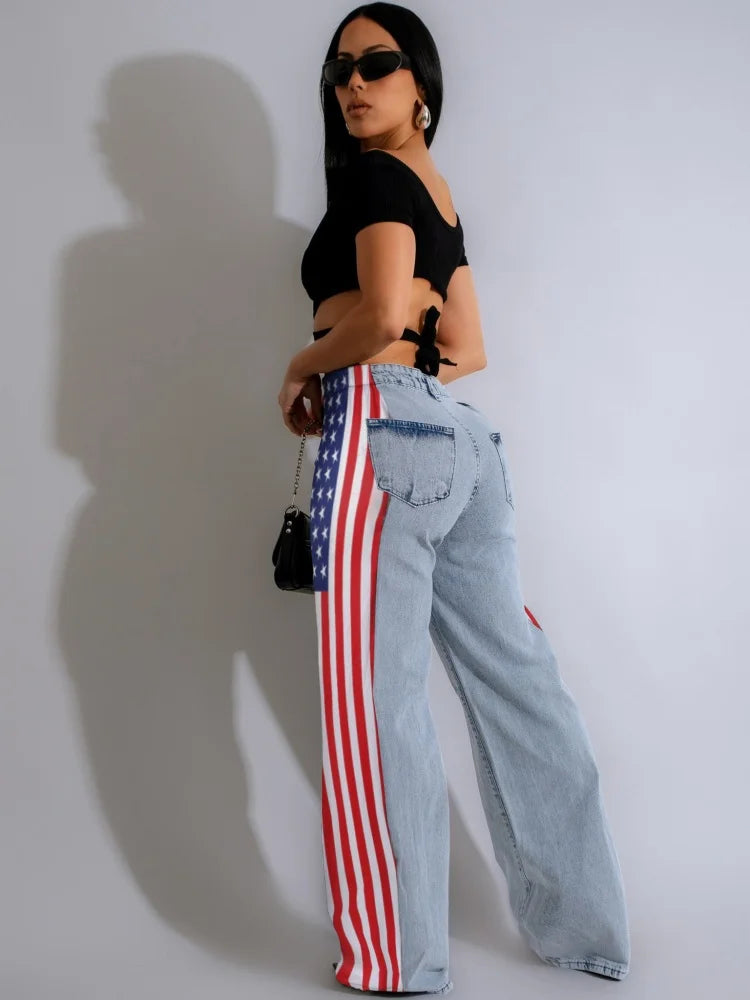 Casual Women’s Long Loose Denim Pants with Pockets and Stripes