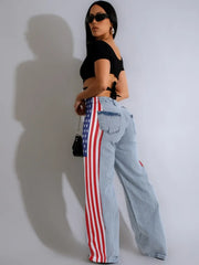 Pantalon en jean ample et long pour femme avec poches et rayures 