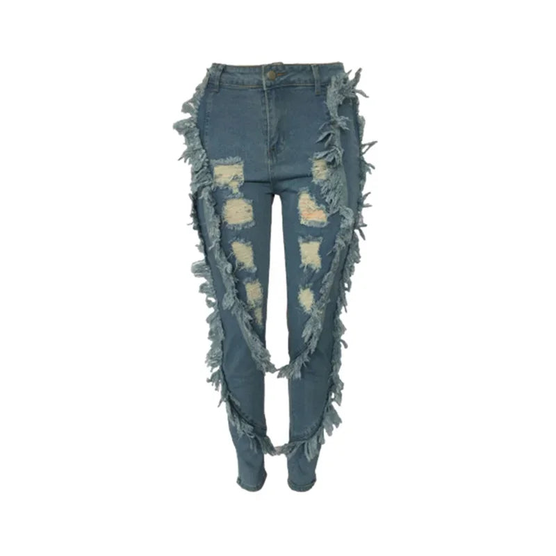 Jean slim taille haute en denim avec pompons et épissures latérales pour femme 