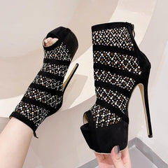 Women's Rhinestone Mesh Peep Toe Ankle Boots with High Heels