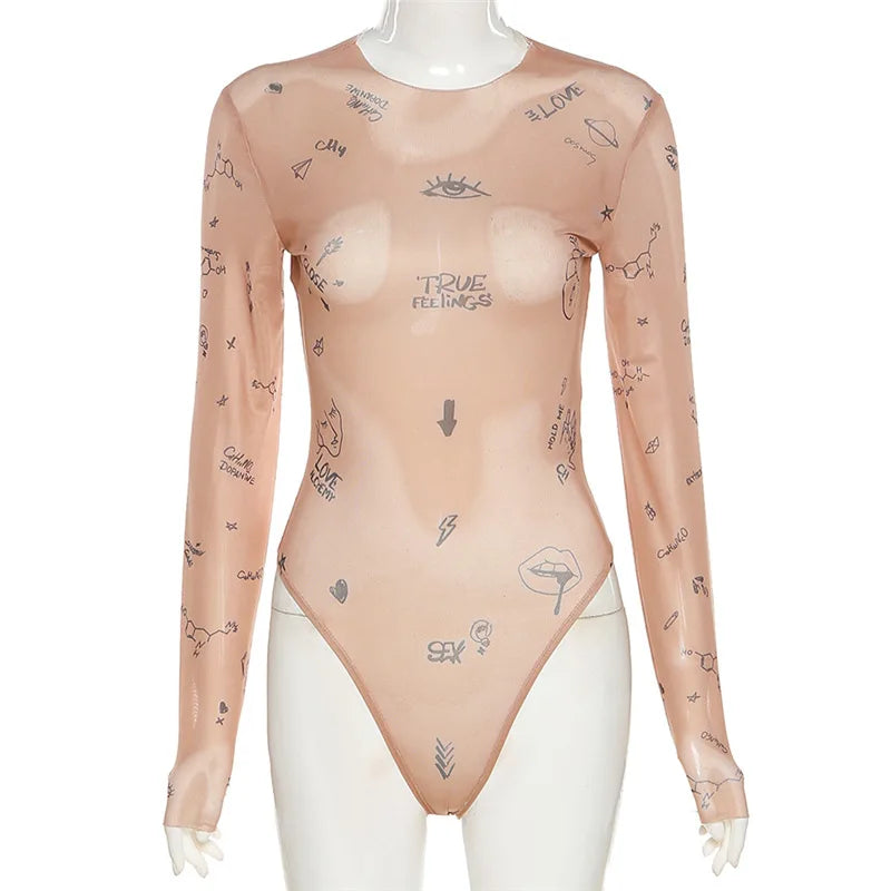 Women's Nude Tattoo Print Mesh Bodysuit – Sheer Statement Top