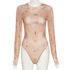 Body en maille à imprimé tatouage nude pour femme – Haut transparent