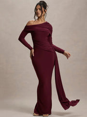 Skew Collar Long Sleeve Backless Draped Ruched Bodycon Maxi Dress