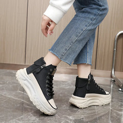 Women's Red Breathable High-Top Leather Sneakers for Summer Casual Wear