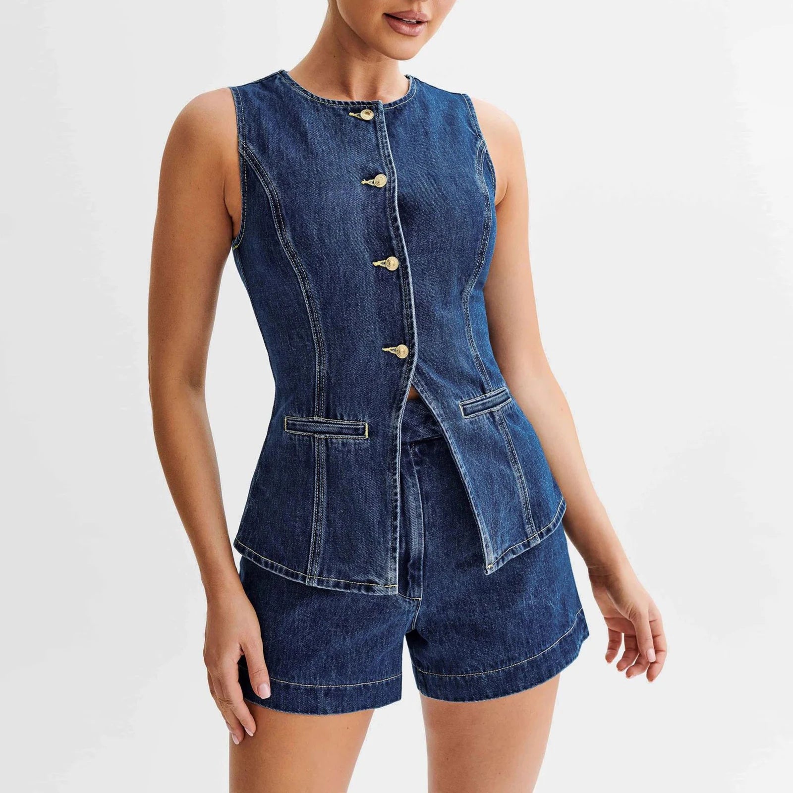 Women's Denim 2 Piece Casual Blazer Vest and Shorts Outfit