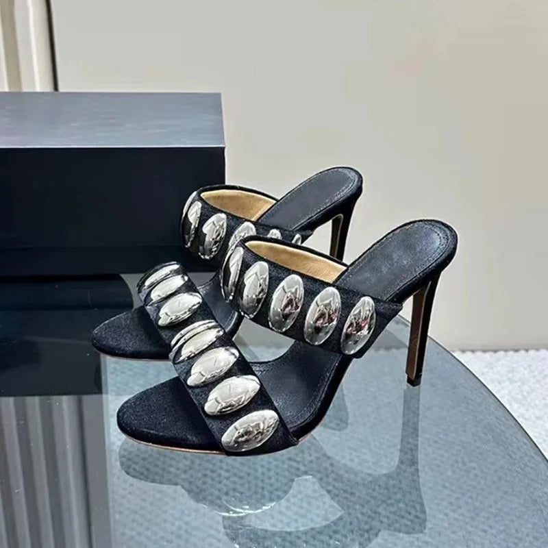 Metal Decor Women’s Suede Stiletto Heels Mules Sandals Slides