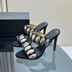 Metal Decor Women’s Suede Stiletto Heels Mules Sandals Slides