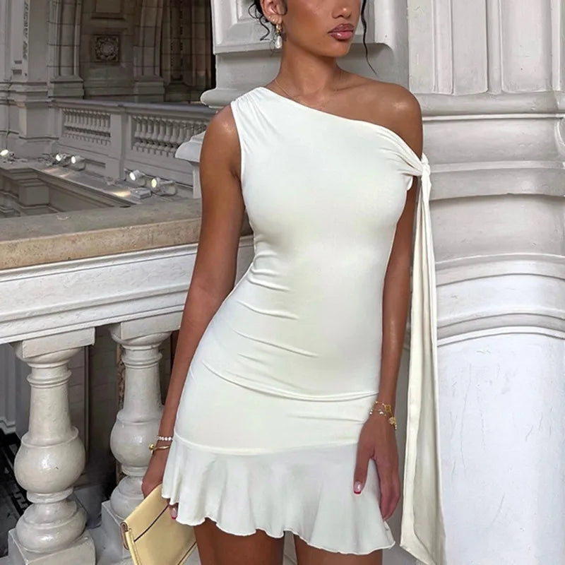 Elegant One-Shoulder Mini Dress with Ruffled Hem and Tie Detail