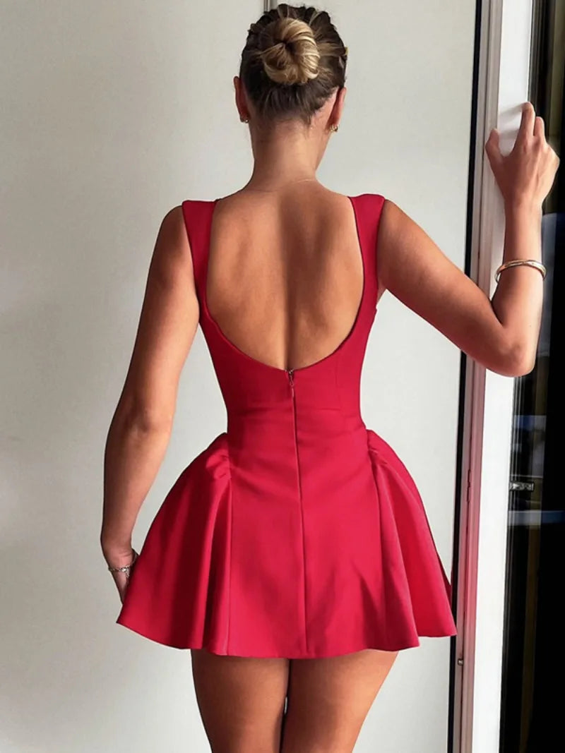 Women's Red Backless A-line Sleeveless Party Dress with High Waist