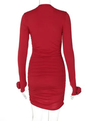 Women's Red Flower Long Sleeve Ruched Dress for Parties and Weddings