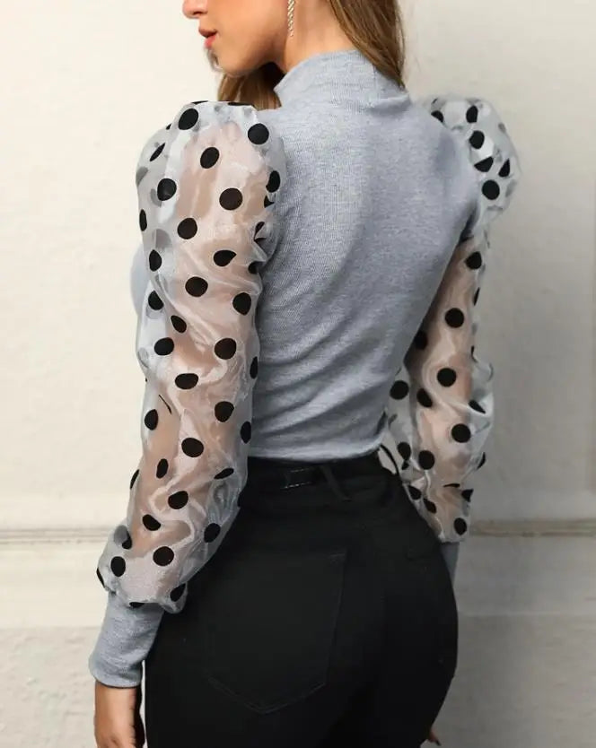 Elegant Polka Dot Mesh Puff Sleeve Blouse for Casual Fashion