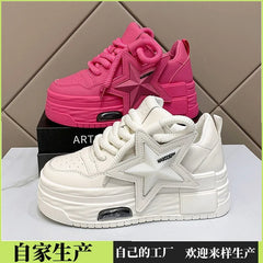 Women's Pink Leather Chunky Platform Sneakers for Casual Walking