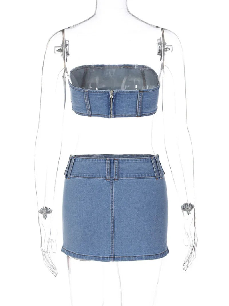 Women's Blue Denim Bandage Corset Top and Mini Skirt Set