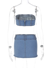 Ensemble corset bandage en denim bleu pour femme et mini-jupe 