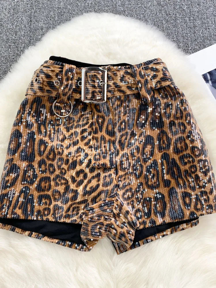 Winter Leopard Print High Waist Casual Wide Leg Thermal Shorts