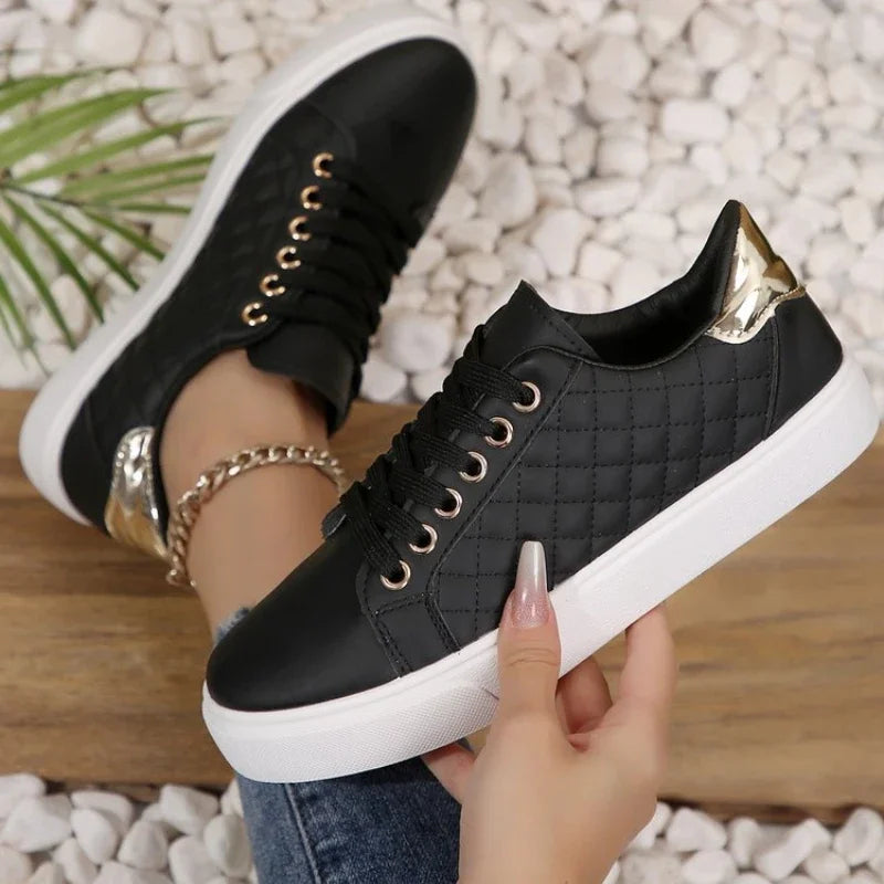 Women's Black Lace-Up PU Leather Sneakers for Casual Style