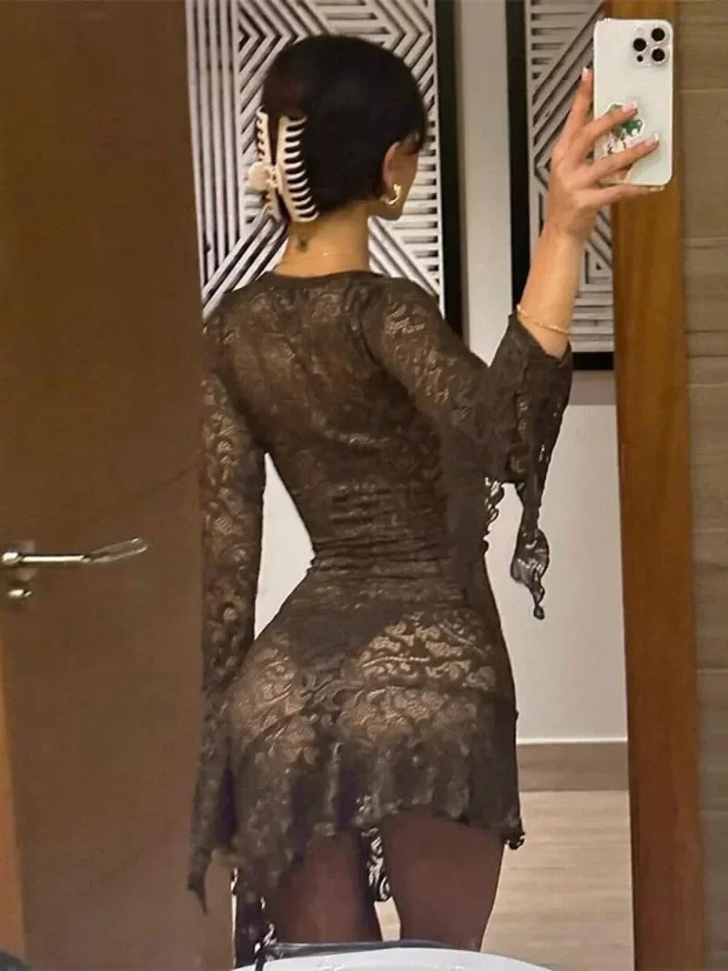 Women's V-Neck Lace Flare Sleeve Irregular Dress for Parties