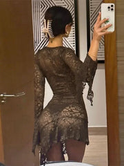 Women's V-Neck Lace Flare Sleeve Irregular Dress for Parties