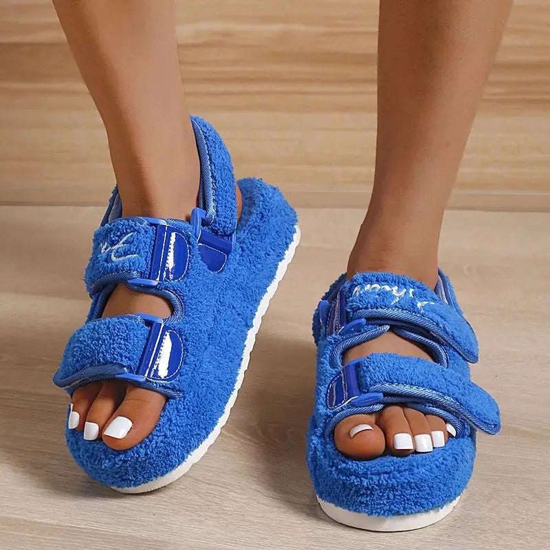 Fur Platform Sandals for Women Casual Beach Open-Toe Slides