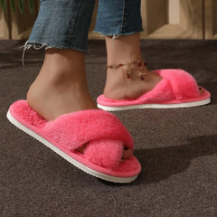 Women's Soft Plush Cross Strap Fur Slippers for Indoor Comfort