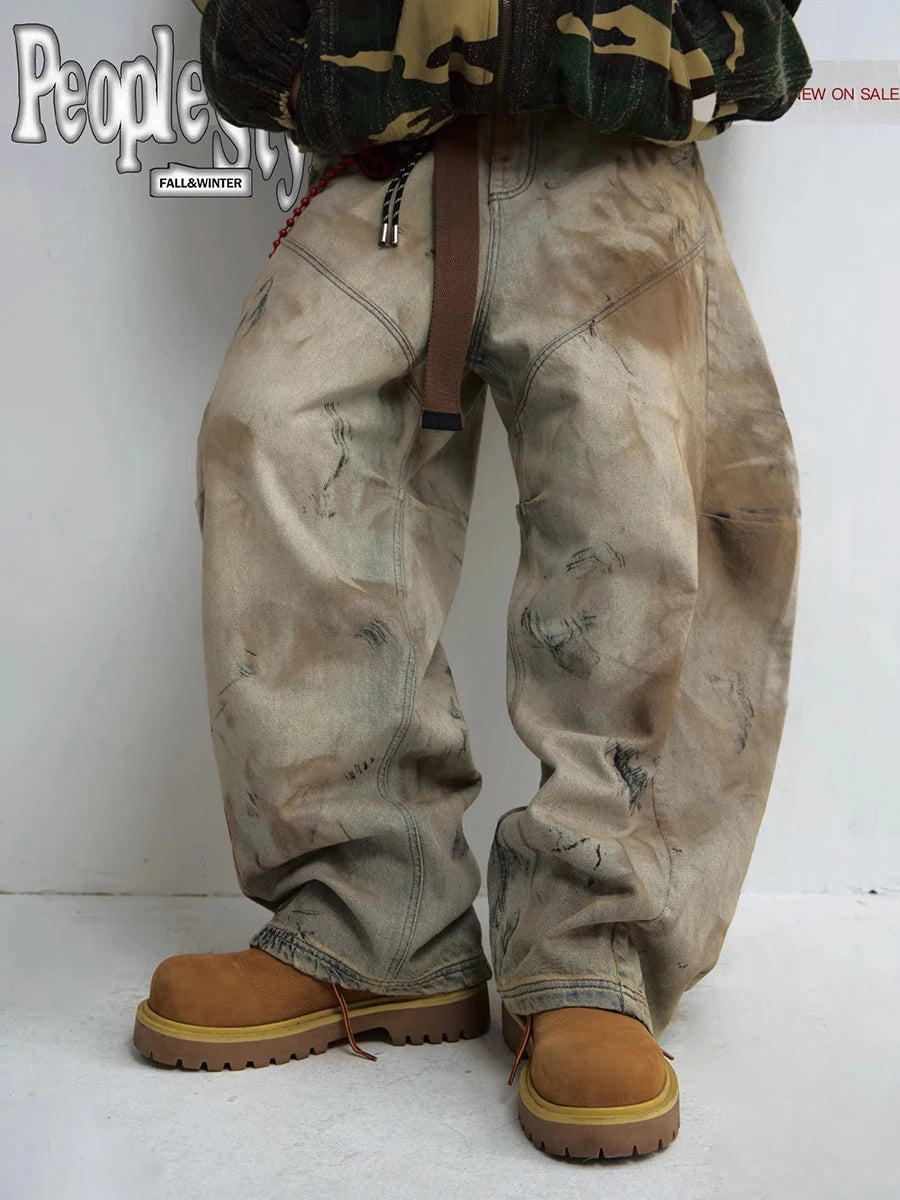 Unisex Rusty Dirty-Wash Baggy Balloon Jeans – Vintage Wide-Leg Denim